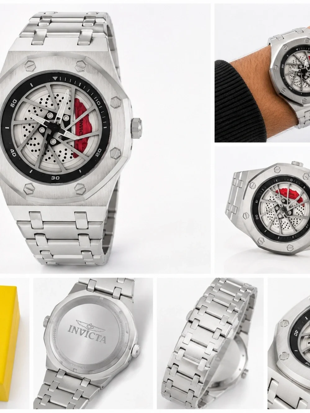 Invicta Silver Stainless Steel Skeleton Dial Watch with Red Accent